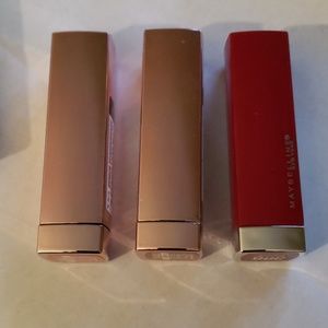 3 maybelline lipsticks swatched once
